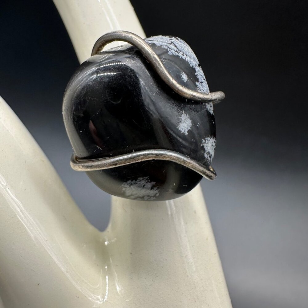 Vintage Statement Ring Snowflake Obsidian Stone Silver Toned Wire Wrap Size 5